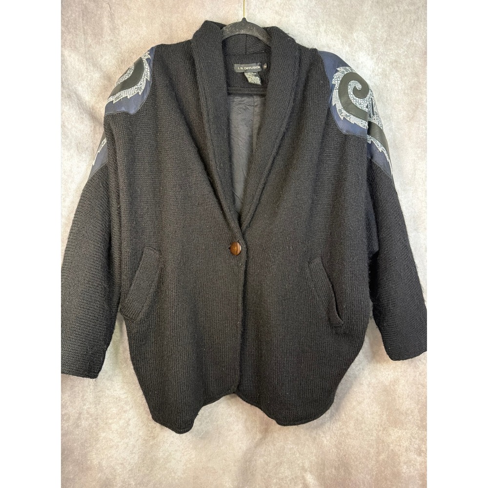 VTG 90 I.B. Diffusion Cardigan Jacket Wool Mohair Blend & Faux Leather Petite XL